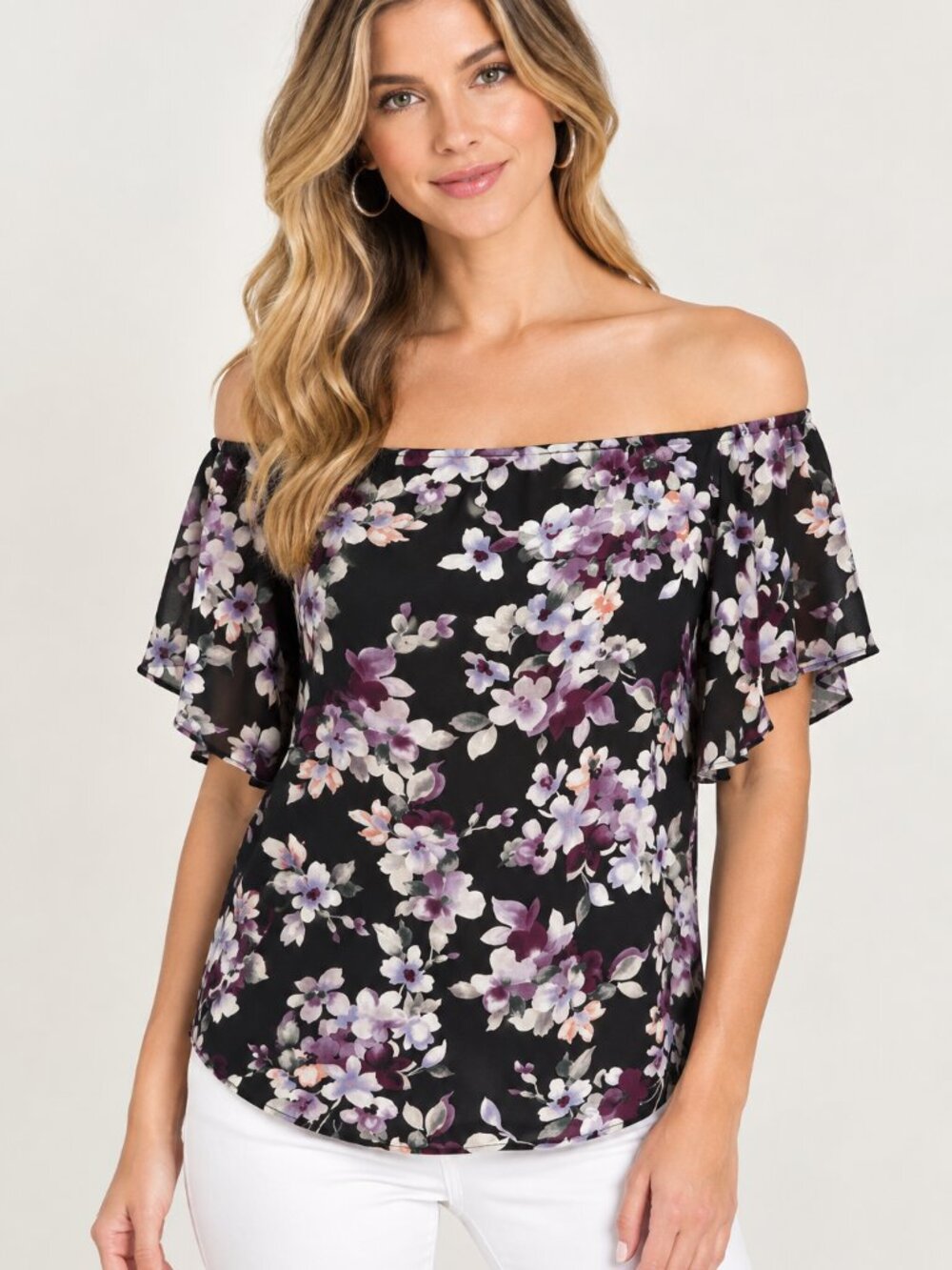 White House Black Market Black Floral Off-Shoulder Blouse Size Small